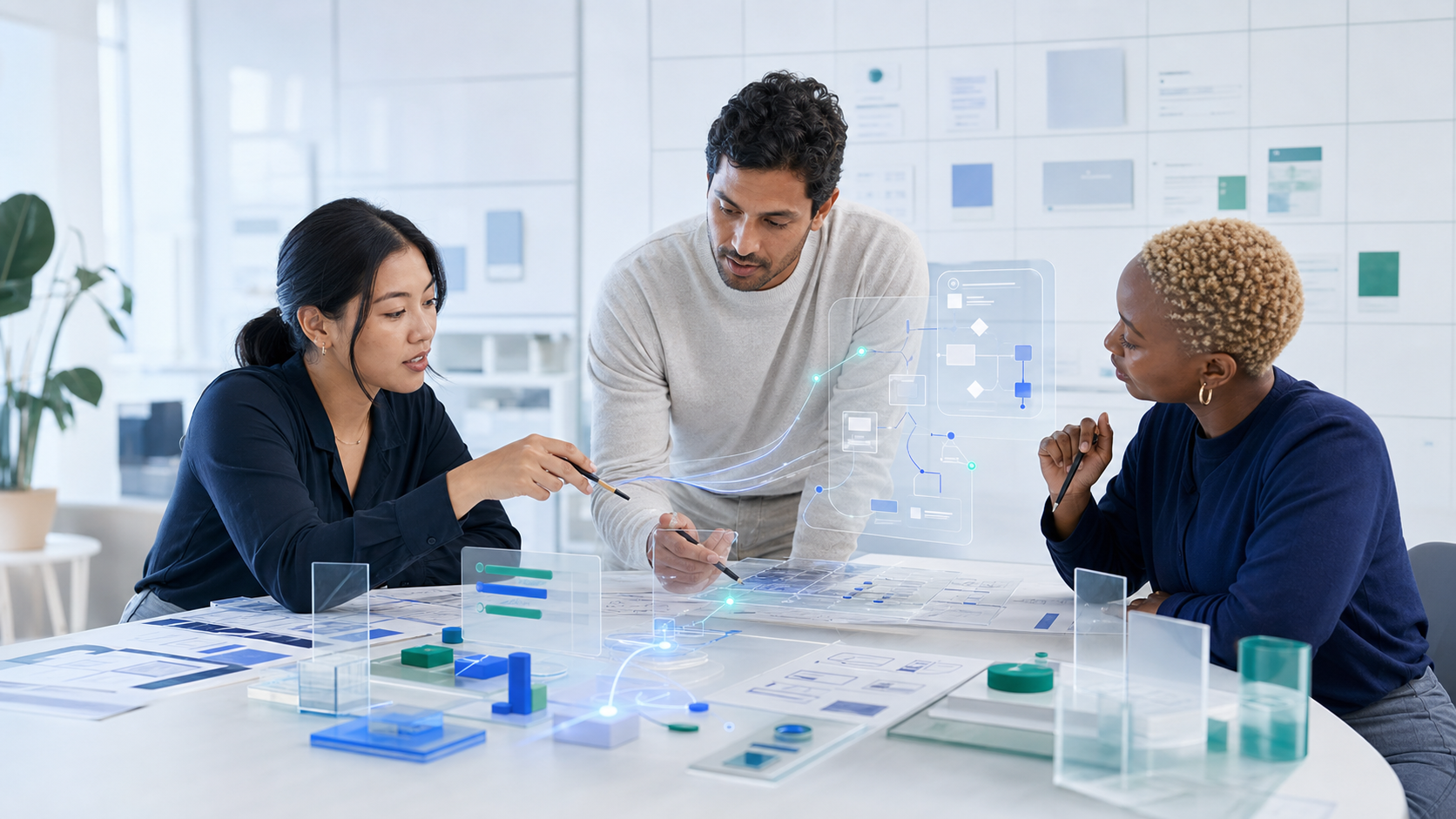 A designer, engineer, and QA specialist working together with structured information layers