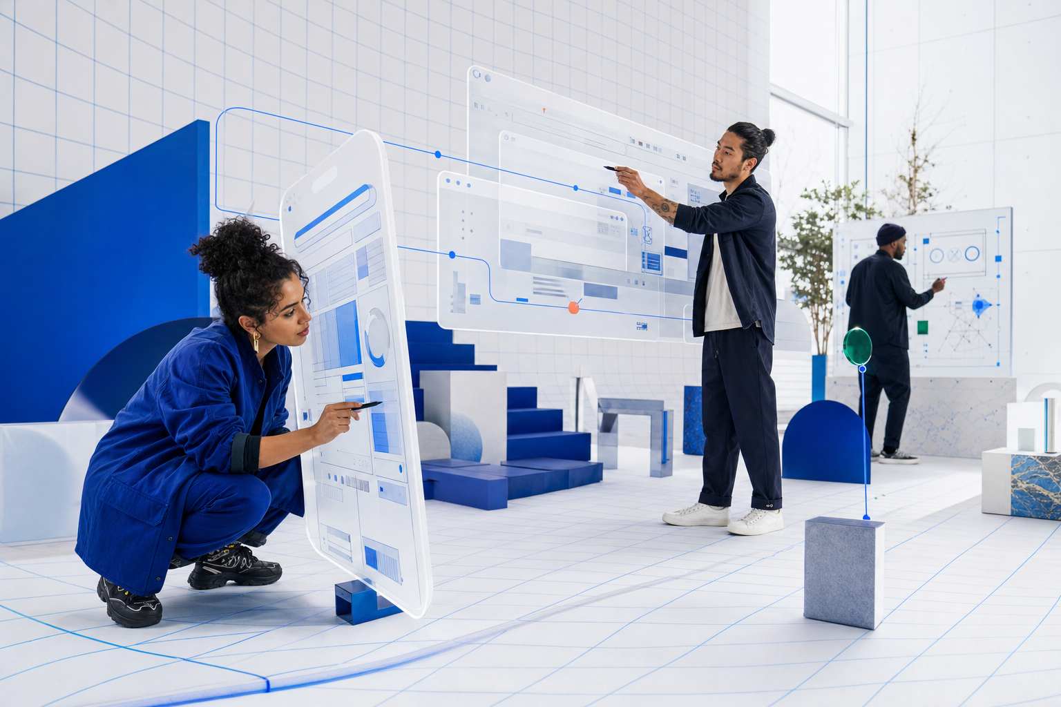 Three product specialists actively inspecting large web and mobile interface prototypes